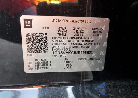 2018 Chevrolet Suburban K1500 Lt z USA, uszkodzony, nr VIN 1GNSKHKC5JR356621